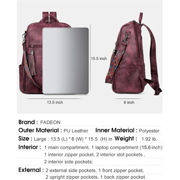 Women's Wine Red Retro Style Backpack Designer 15.6 inch PU Leather Laptop Bag - Picture 4 of 9